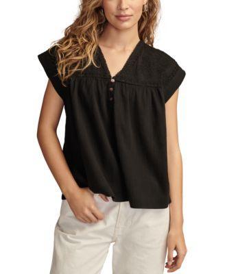 Lucky Brand Womens Cotton Band-Sleeve Yoke Top Product Image