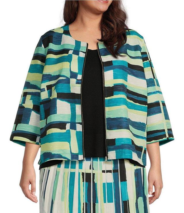 Ming Wang Plus Size Woven Abstract Print Round Neck 3/4 Sleeve Zip Front Coordinating Jacket Product Image