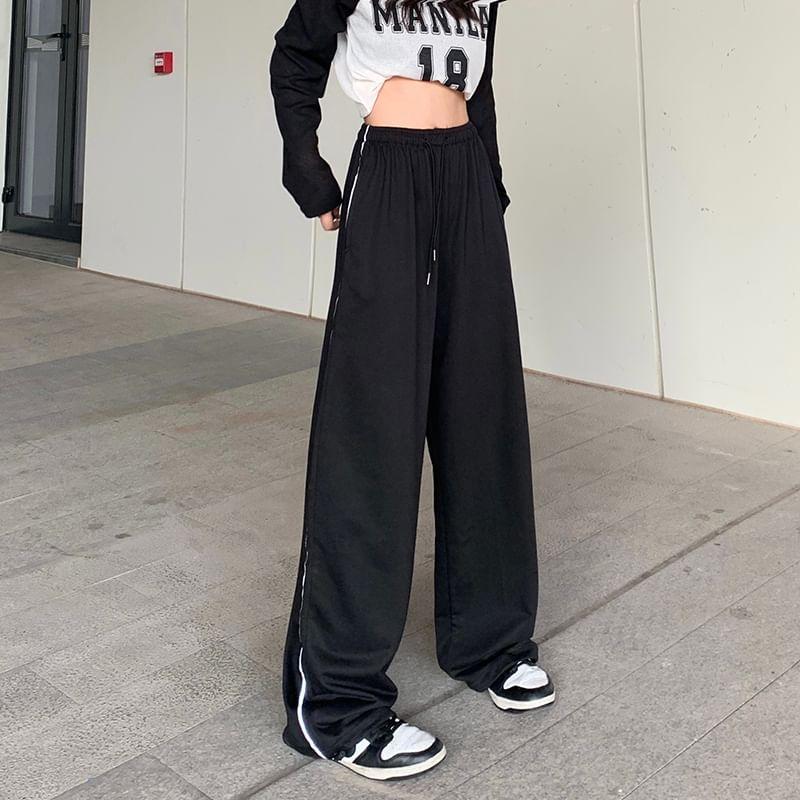 High-Rise Drawstring Striped Wide-Leg Sweatpants Product Image