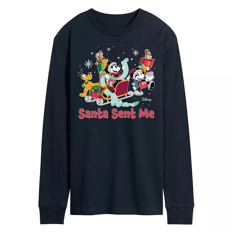 Disneys Mickey Mouse & Friends Mens Santa Sent Me Long Sleeve Graphic Tee Blue Product Image