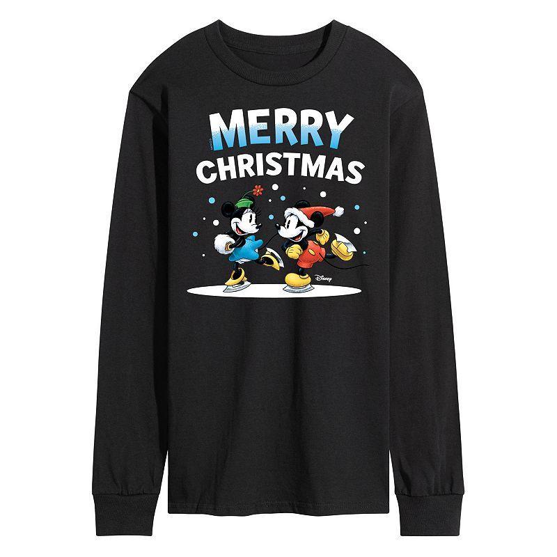 Disneys Mickey & Minnie Mouse Mens Merry Christmas Long Sleeve Graphic Tee Blue Product Image