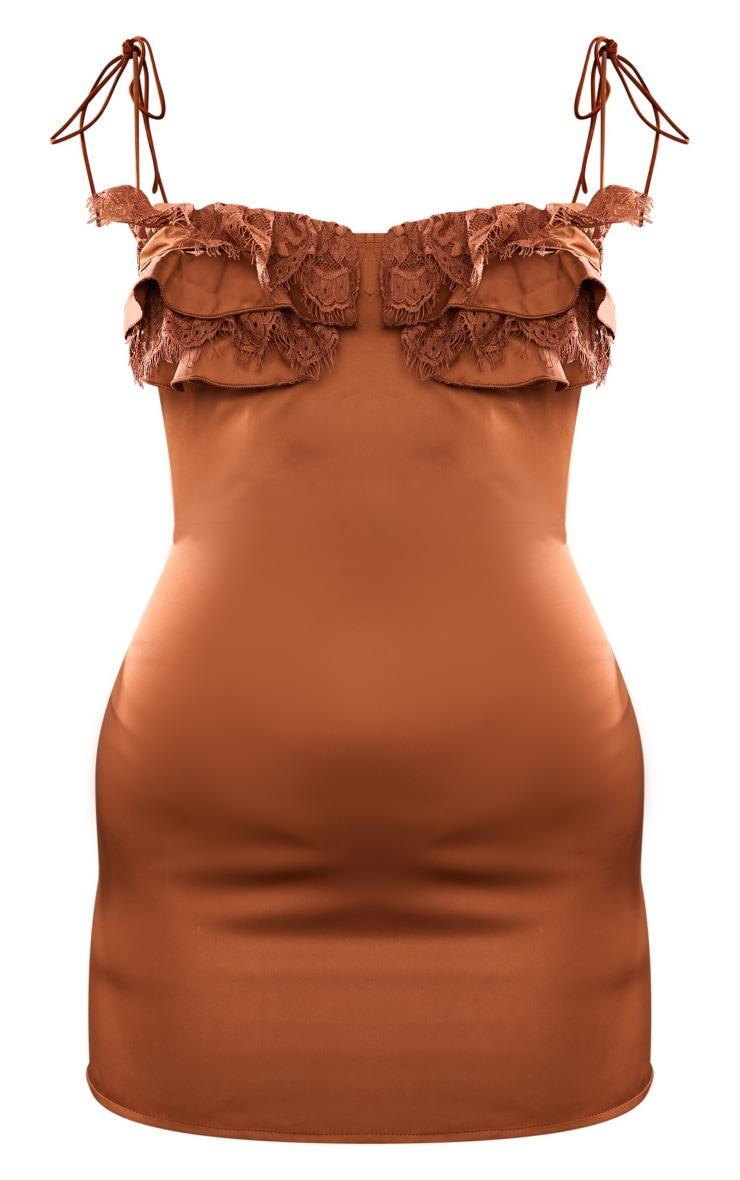 Chocolate Satin Lace Cup Detail Tie Shoulder Mini Dress Product Image