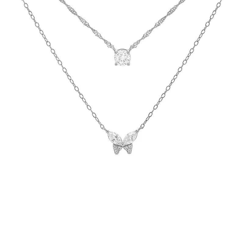 PRIMROSE Fine Silver Plated Round Cubic Zirconia Butterfly Double Layer Necklace, Womens Silver Tone White Product Image