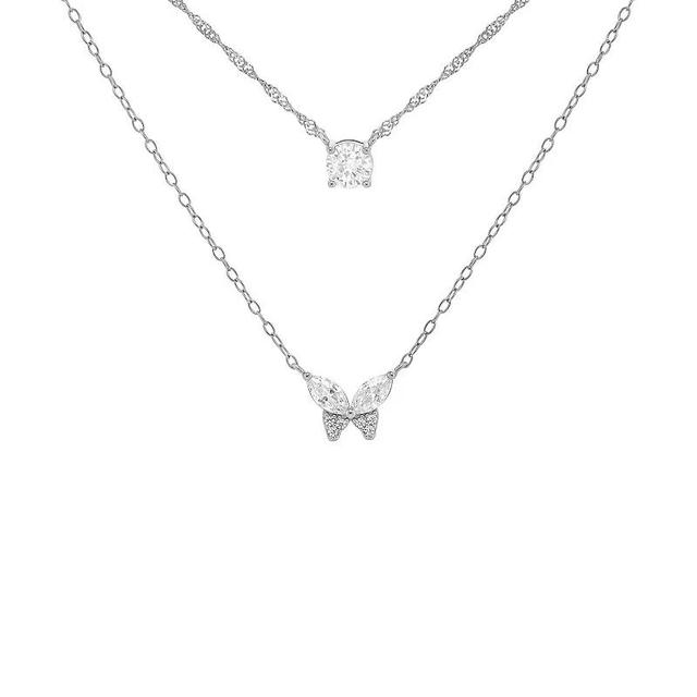 PRIMROSE Fine Silver Plated Round Cubic Zirconia Butterfly Double Layer Necklace, Womens Silver Tone White Product Image