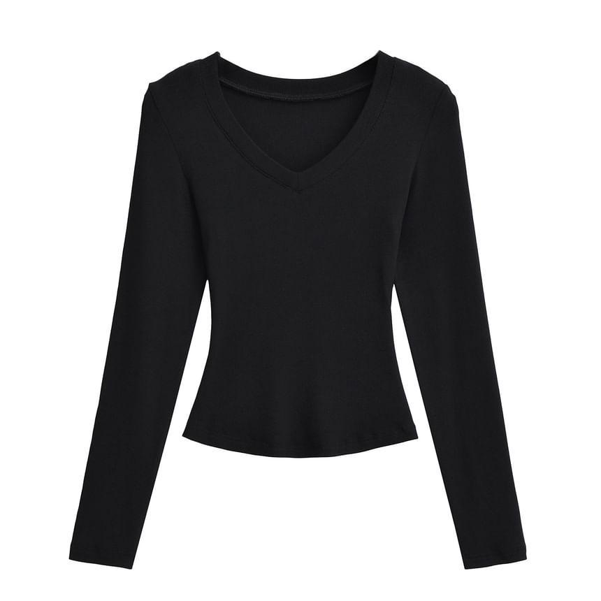 Long-Sleeve V-Neck Plain Crop Top Product Image