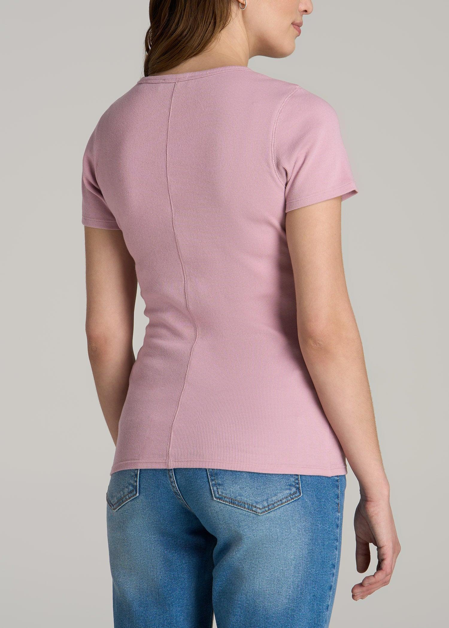 Short Sleeve Crew Neck Ribbed T-Shirt for Tall Women in Pink Peony Female Product Image