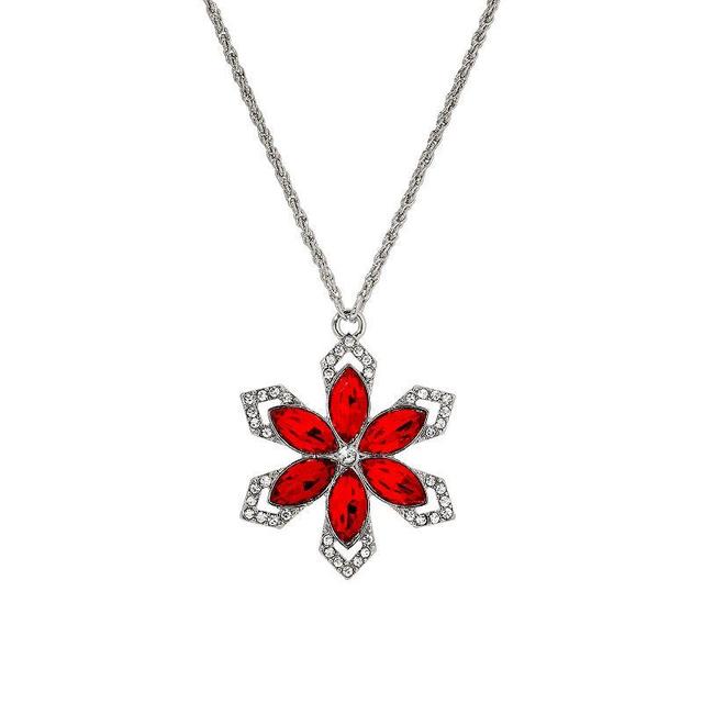 1928 Silver Tone Red Crystal Large Flower Necklace, Womens Product Image