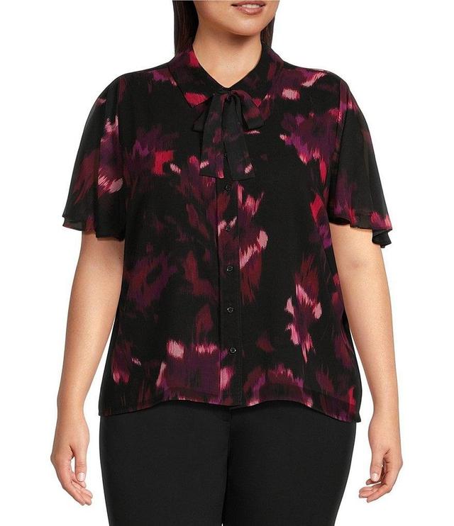 Calvin Klein Plus Size Printed Short Sleeve Flutter Tie Neck Blouse Product Image