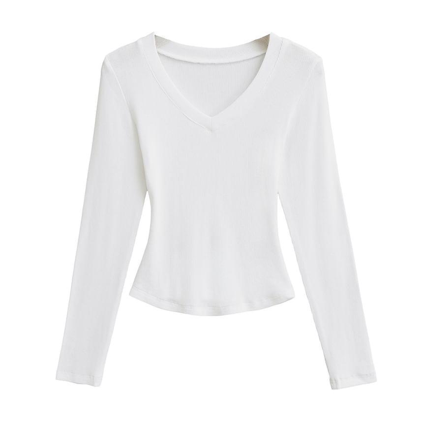 Long-Sleeve V-Neck Plain Crop Top Product Image