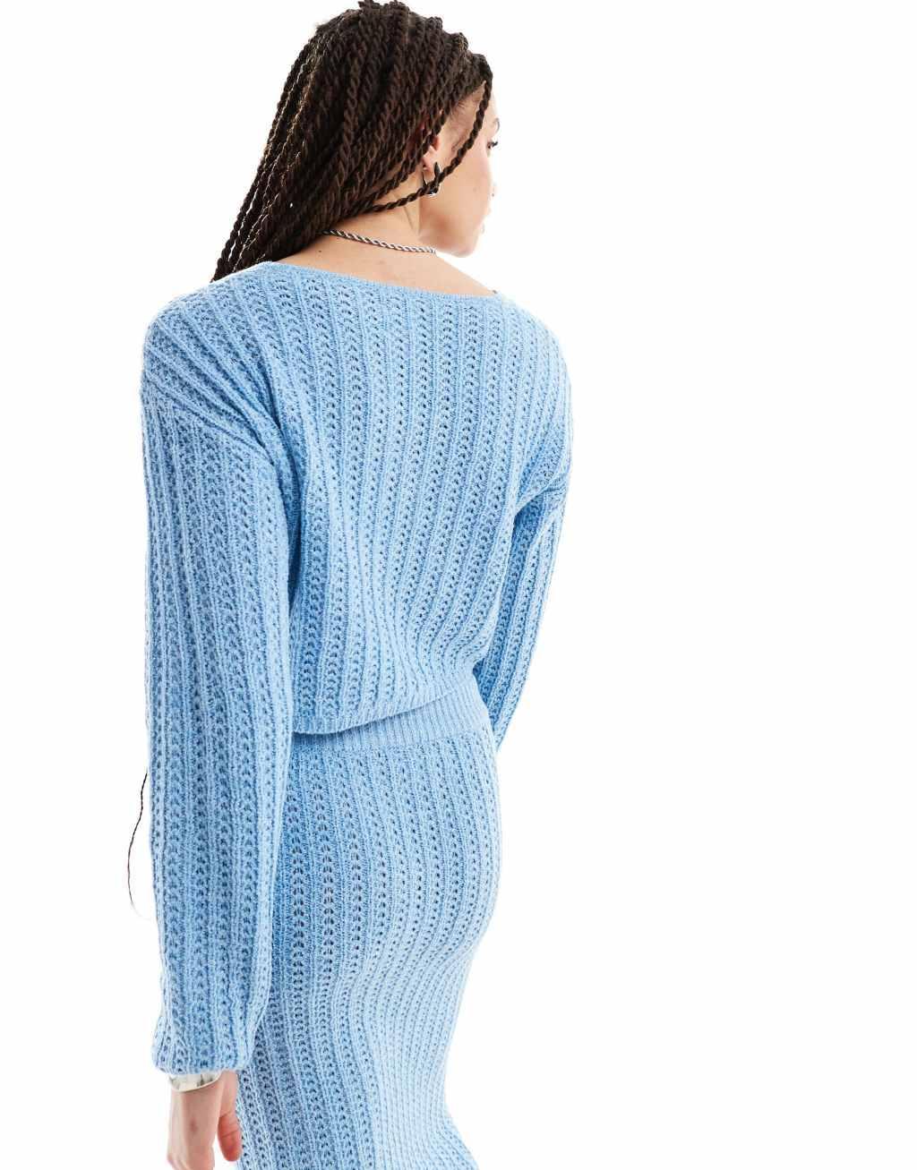 ASOS DESIGN Tall knit V-neck crop sweater in open stitch in blue - part of a set Product Image