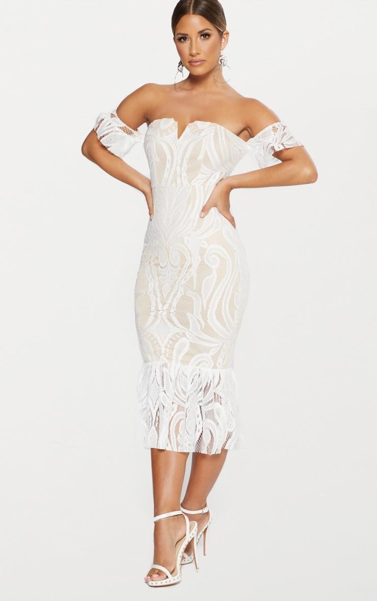 White Bardot Lace Frill Hem Midi Dress Product Image