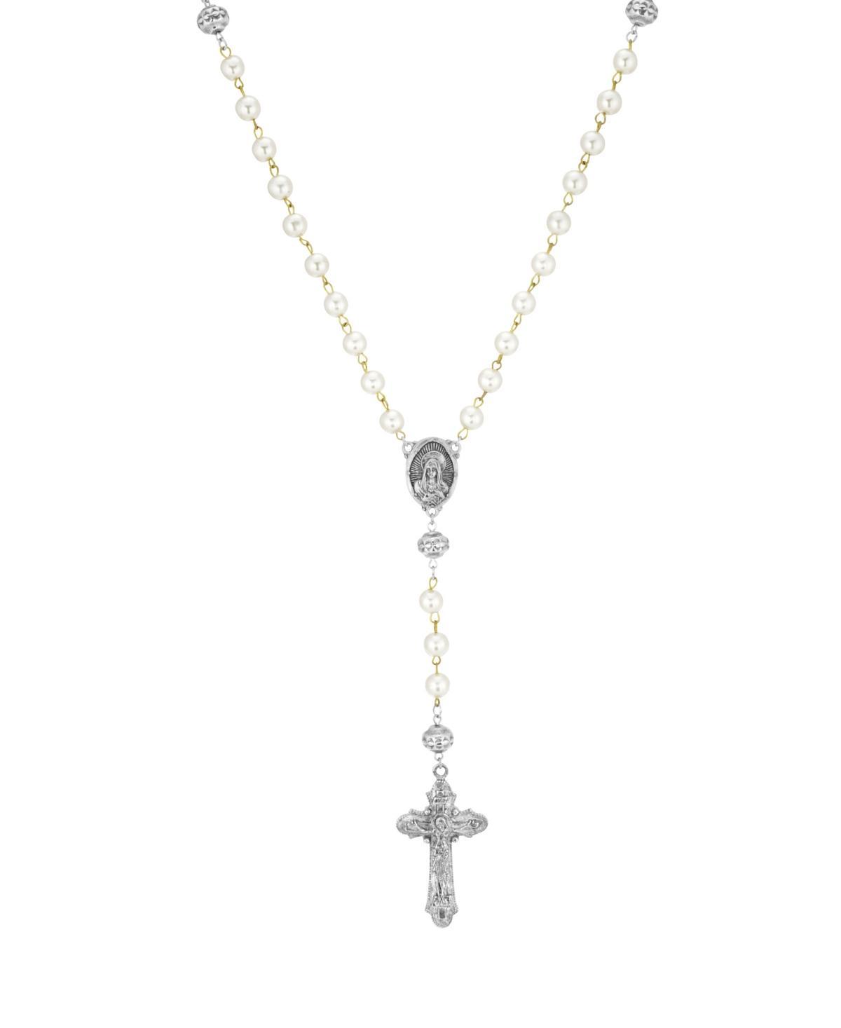 1928 Silver Tone Crucifix Simulated Pearl Rosary, Womens, White Product Image