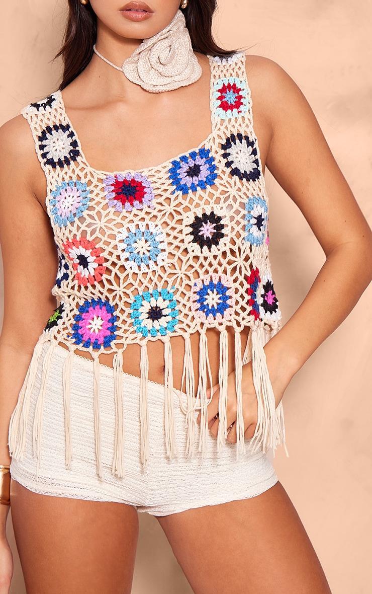 Multi Floral Crochet Knit Crop Top Product Image