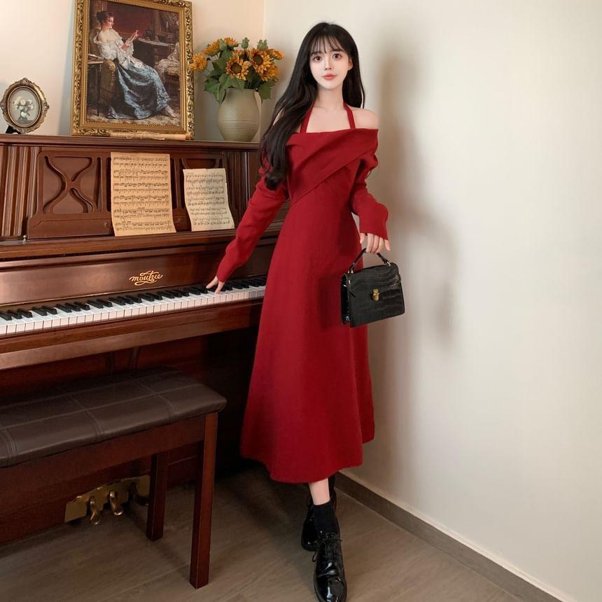 Long-Sleeve Halter Neck Off-Shoulder Plain Midi A-Line Knit Dress Product Image