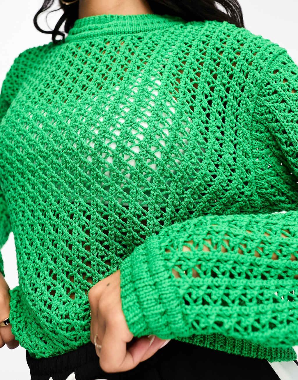 Mango cable knit cropped long sleeve sweater in green Product Image