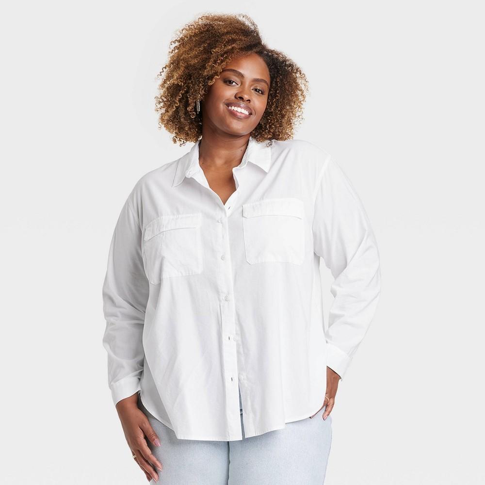 Womens Long Sleeve Utility Button-Down Shirt - Ava & Viv White 2X Product Image