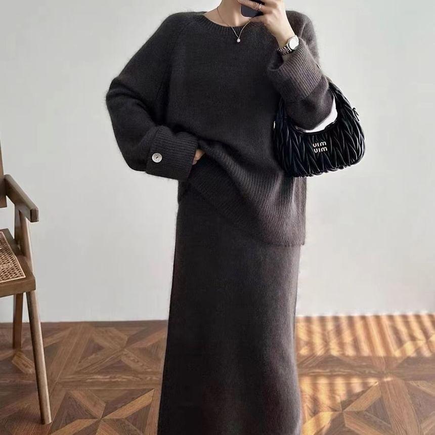 Set: Round Neck Plain Sweater + High Waist Midi Pencil Skirt product image