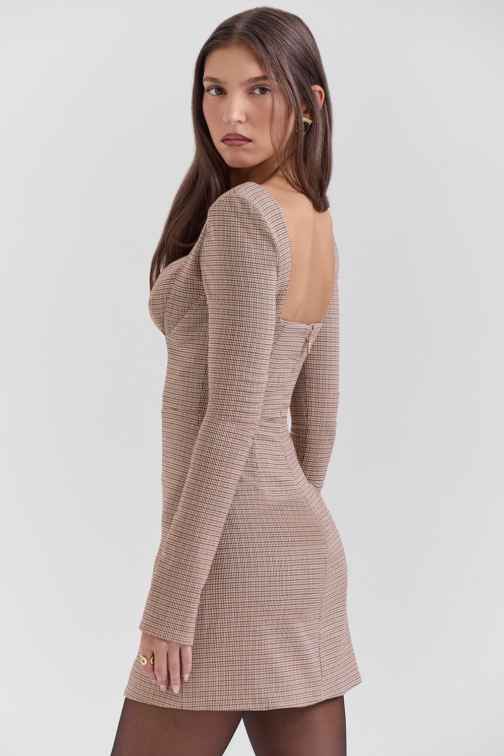 Angelie Brown Puppytooth Check Plunge Mini Dress Product Image