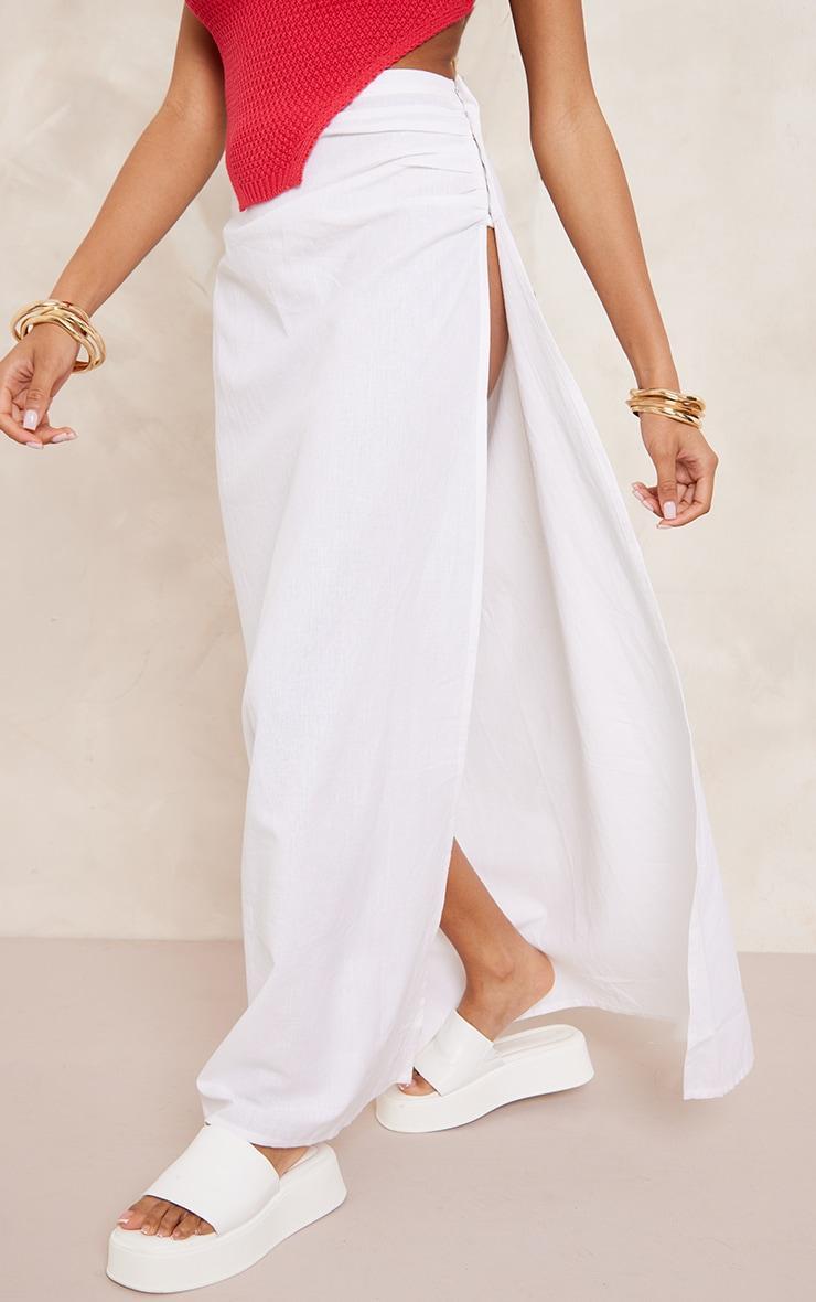 White Linen Look Hook And Eye Ruched Waistband Maxi Skirt Product Image