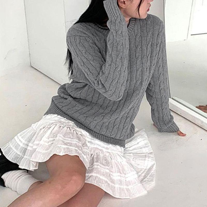 Long Sleeve Plain Cable-Knit Loose-Fit Sweater Product Image