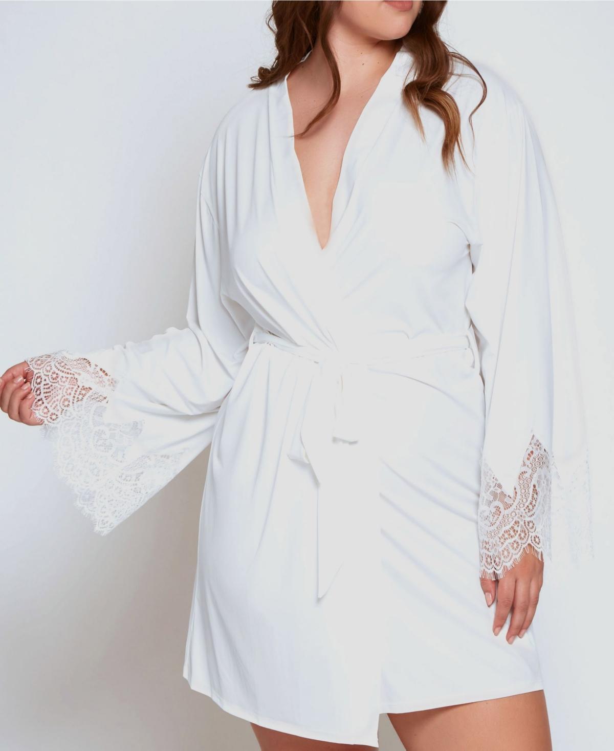 iCollection Plus Size Ultra Soft Lace Trimmed Robe Lingerie - White Product Image