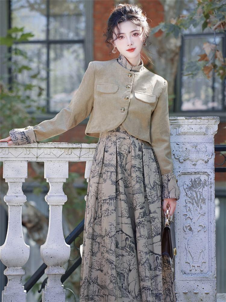 Set: Mock Two-Piece Mandarin Collar Print Panel Crop Button Jacket + High Rise Pleated Midi A-Line Skirt Product Image