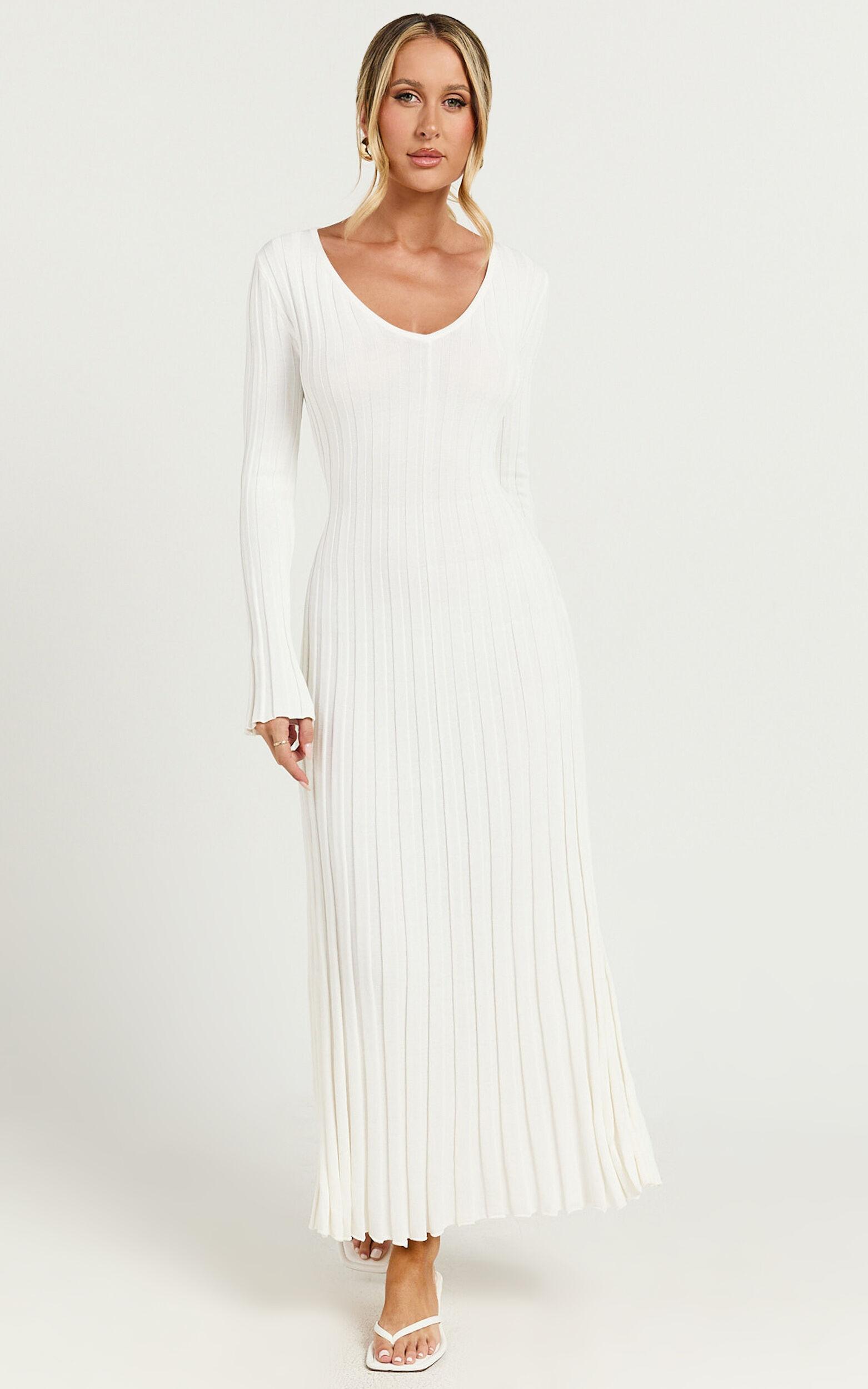 Astra Midi Dress - V Neck Long Sleeve Knit Dress in White Product Image