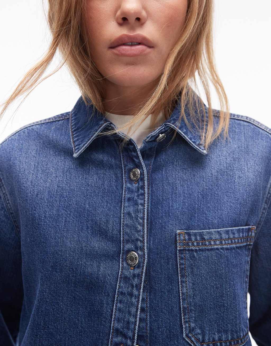 Topshop denim button up shirt in mid blue Product Image