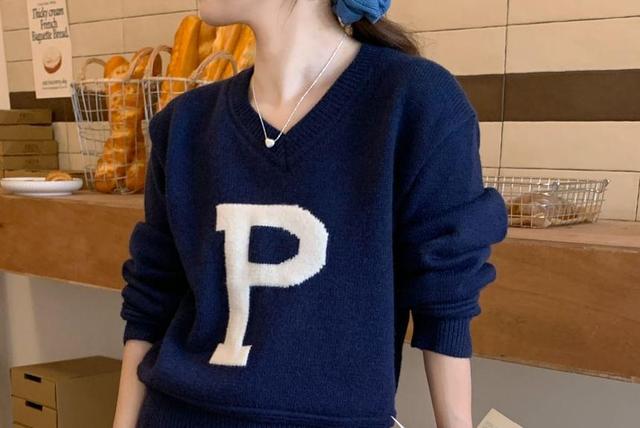 V-Neck Lettering Sweater Product Image