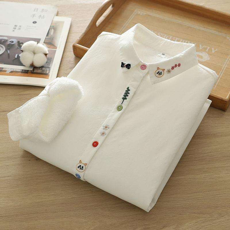 Long Sleeve Collared Floral Embroidered Shirt Product Image