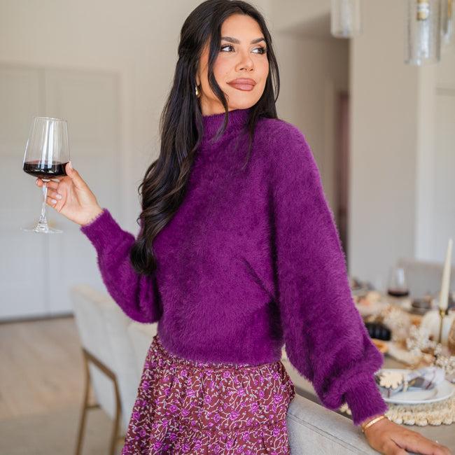 Beyond Me Plum Fuzzy Turtleneck Sweater Product Image