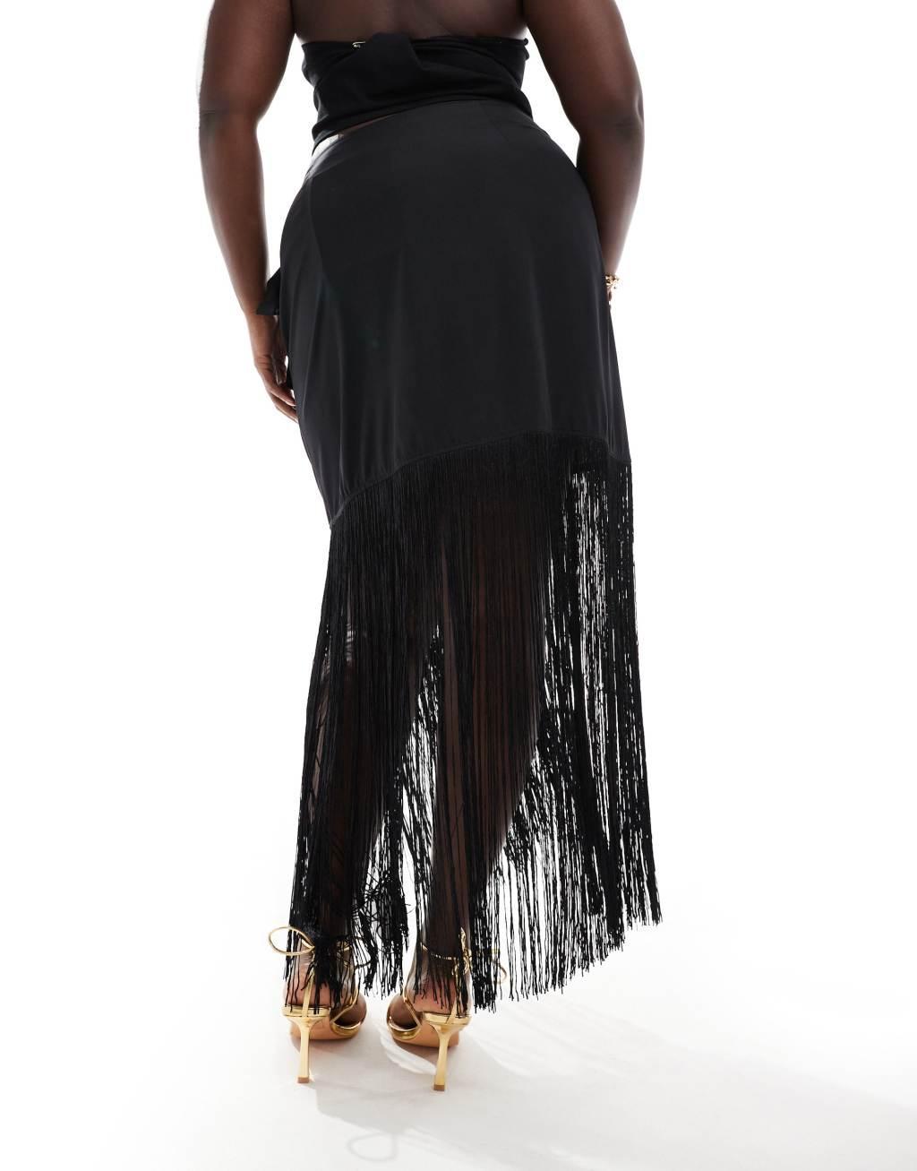 ASOS DESIGN Curve satin wrap fringe maxi skirt in black Product Image