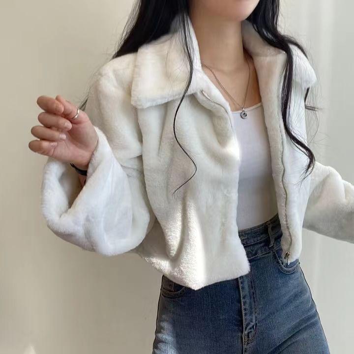 Long Sleeve Collared Zip Up Furry Cropped Jacket Product Image