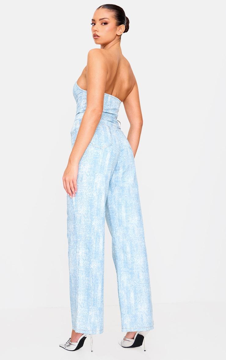 Blue Studded Diamante Denim Bandeau Wide Leg Jumpsuit Product Image