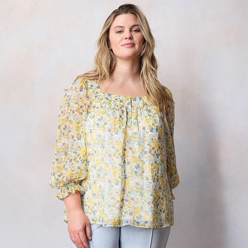 Plus Size LC Lauren Conrad Henley Puff Sleeve Peasant Top, Womens product image