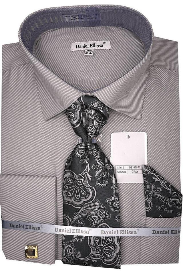 Gray Pin Striped Dress Shirt Set with Tie and Handkerchief Product Image