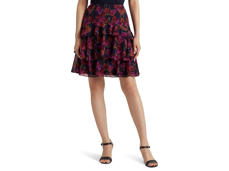 LAUREN Ralph Lauren Petite Floral Crinkle Georgette Tiered Skirt (Blue Multi) Women's Skirt Product Image