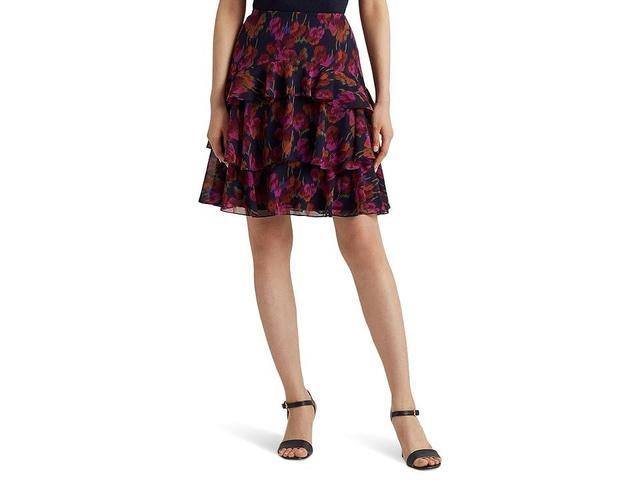 Lauren Ralph Lauren Petite Floral Crinkle Georgette Tiered Skirt Multi) Women's Skirt Product Image