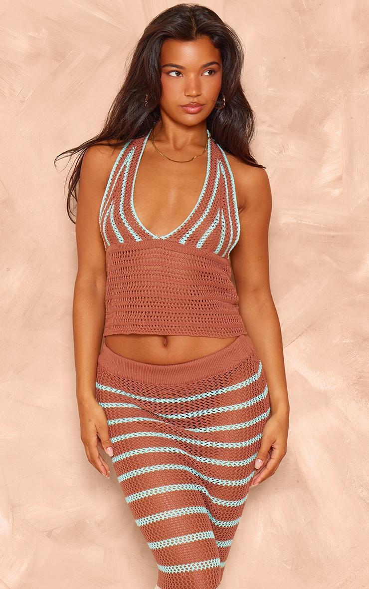 Mocha Stripe Crochet Knit Plunge Crop Top Product Image