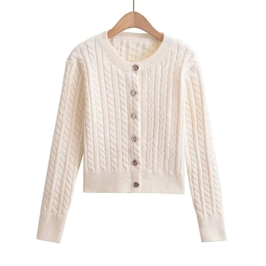 Plain Button-Up Cable Knit Cardigan Product Image