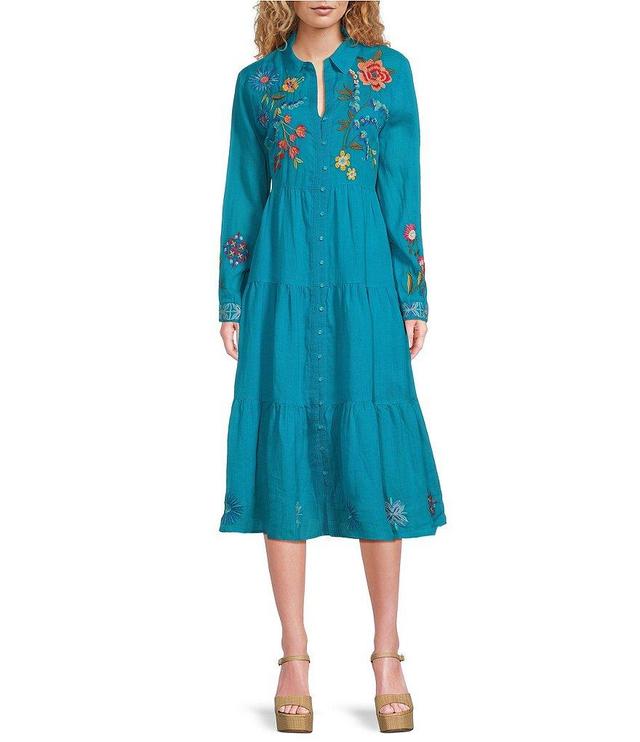 JOHNNY WAS Dionne Placement Floral Embroidered Point Collar Long Sleeve Button-Front Tier Midi Shirt Dress Product Image