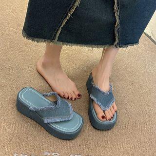 Fringed Trim Denim Platform Flip-Flops Product Image