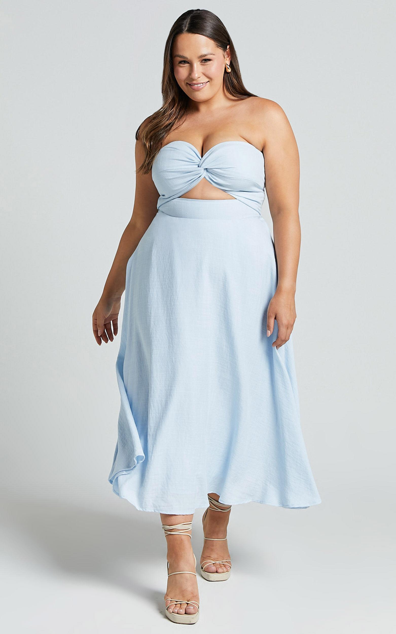 Avie Midi Dress - Twist Strapless Cocktail Dress in Ice Blue Product Image