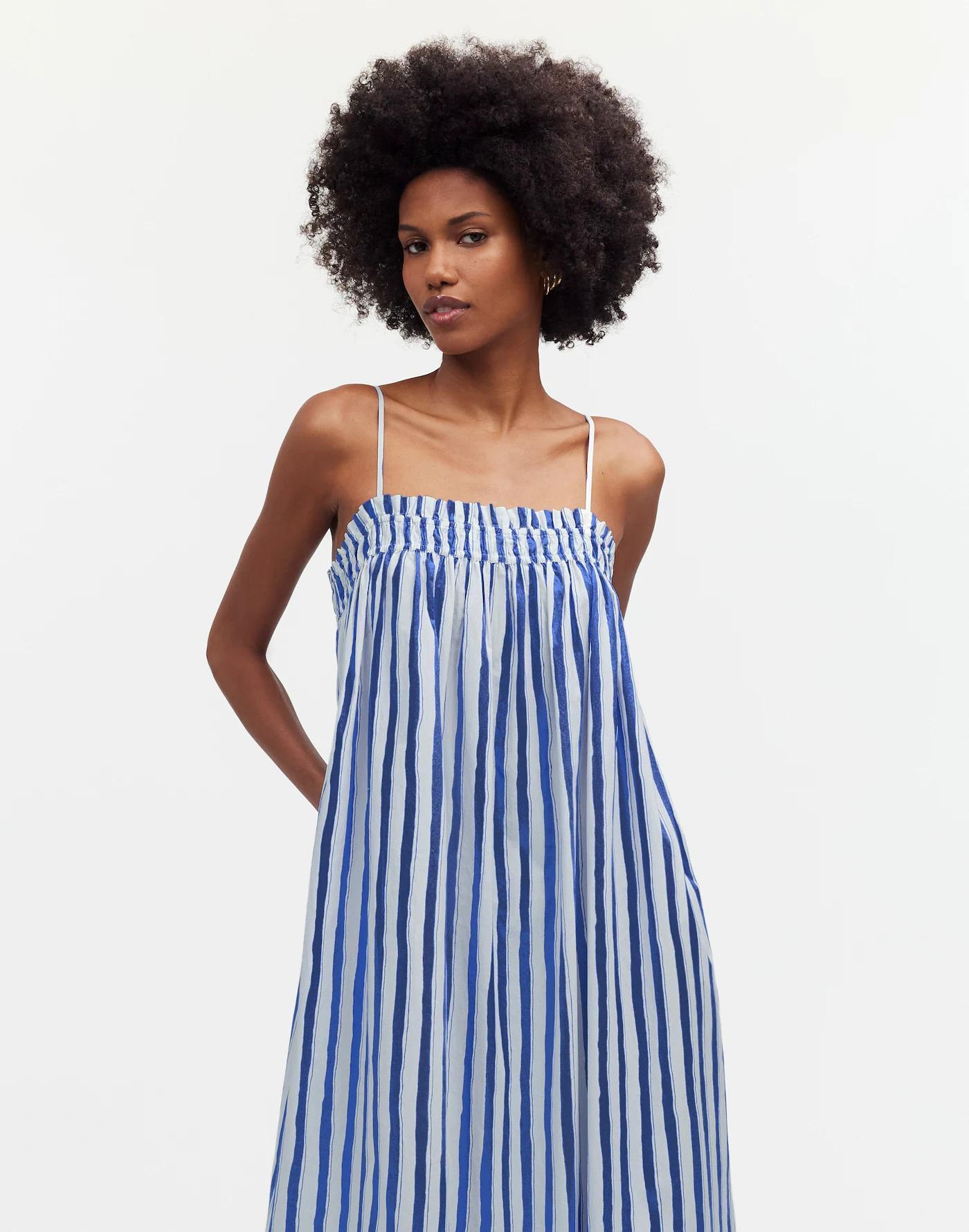 Ruffle A-Line Midi Dress in Stripe Poplin Product Image