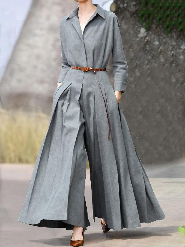 Long Sleeves Wide Leg Pleated Lapel Jumpsuits Product Image