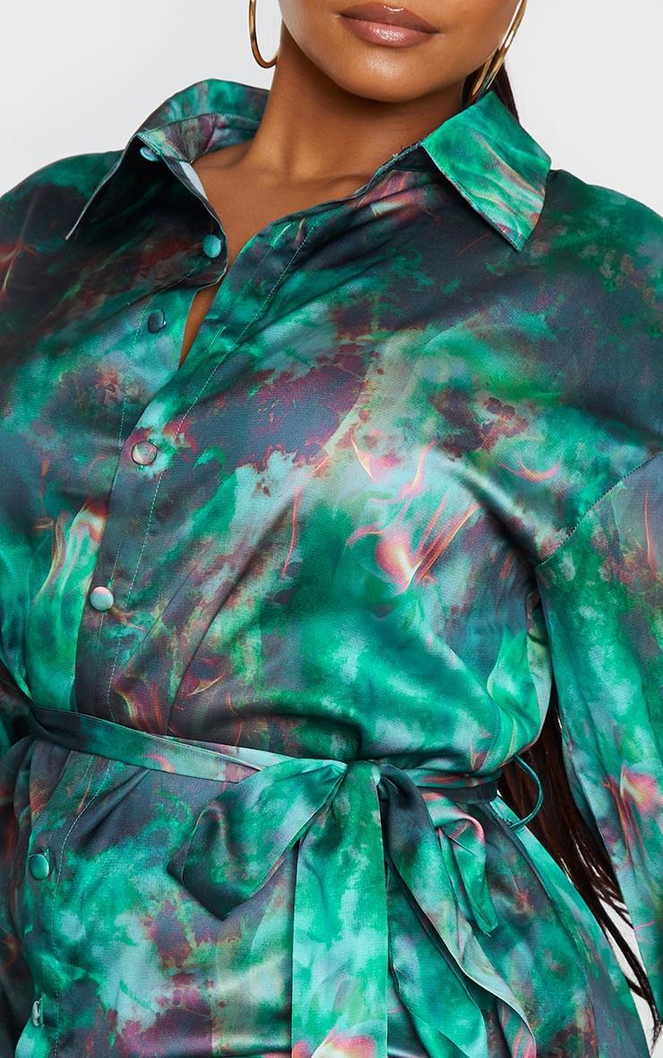 Plus Green Flame Tie Dye Printed Tie Waist Shirt Dress Product Image