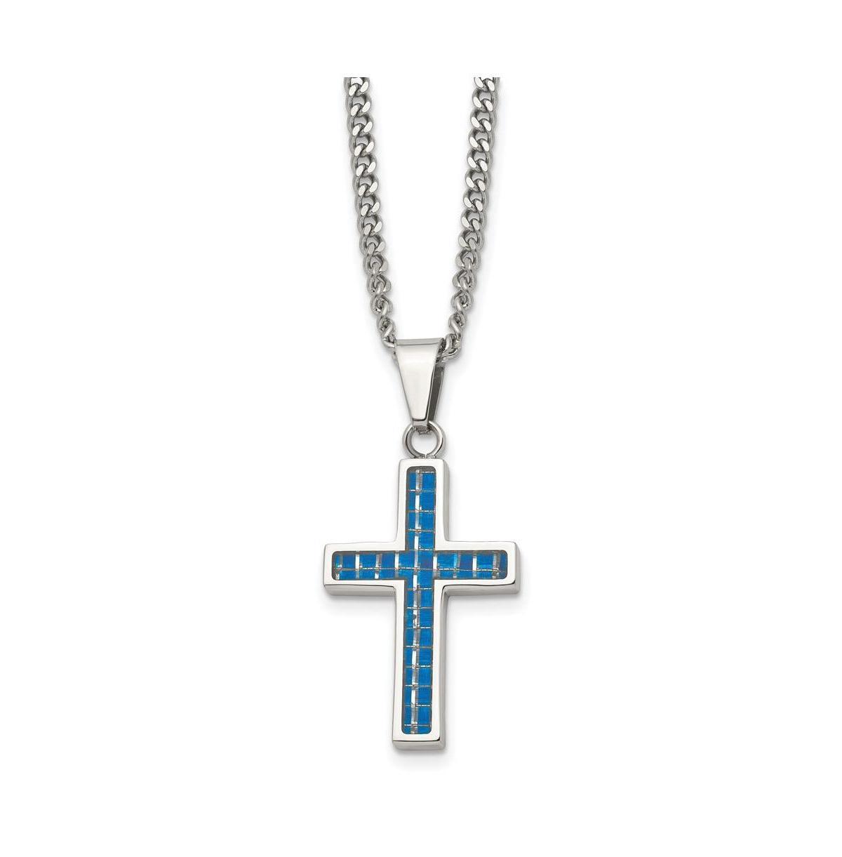 Chisel Blue Carbon Fiber Inlay Cross Pendant Curb Chain Necklace Product Image