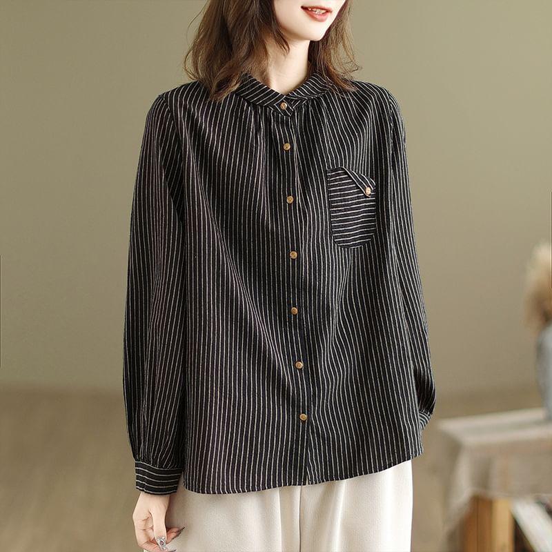 Long-Sleeve Collared Striped Blouse Product Image