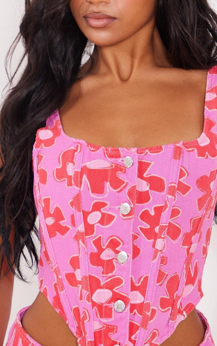 Pink Flower Printed Button Detail Boned Denim Corset Top Product Image