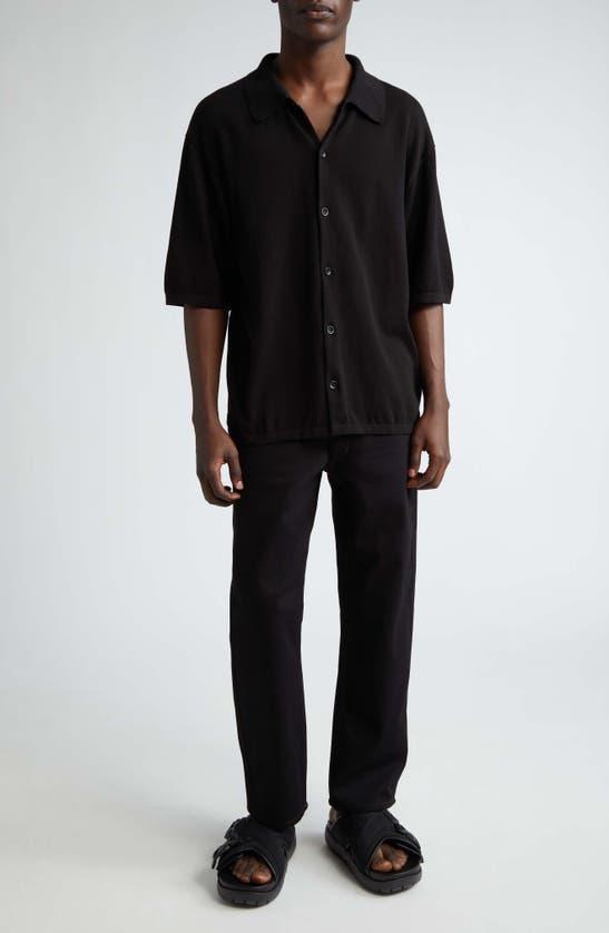 Short Sleeve Cotton Knit Button-up Shirt In Nero Product Image